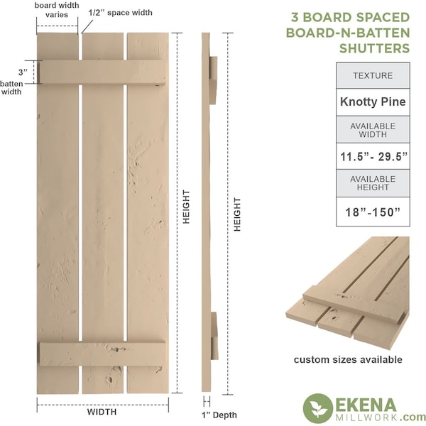 Rustic Three Board Spaced Board-n-Batten Knotty Pine Faux Wood Shutters, 17 1/2W X 44H